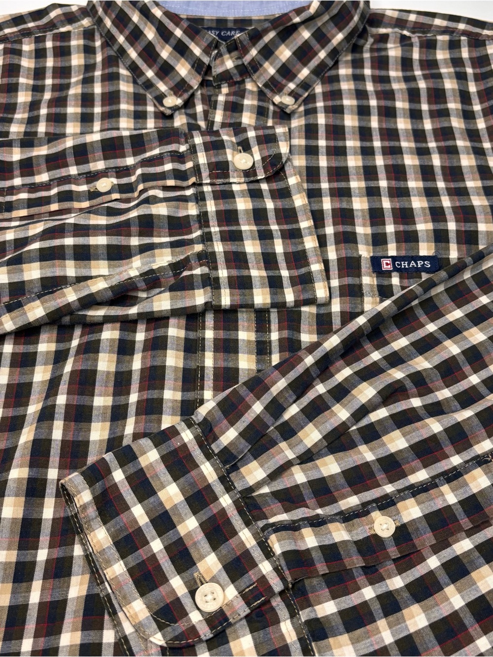 Ralph Lauren Chaps Easy Care Navy Brown & Cream Plaid Button-Down Shirt XL EUC